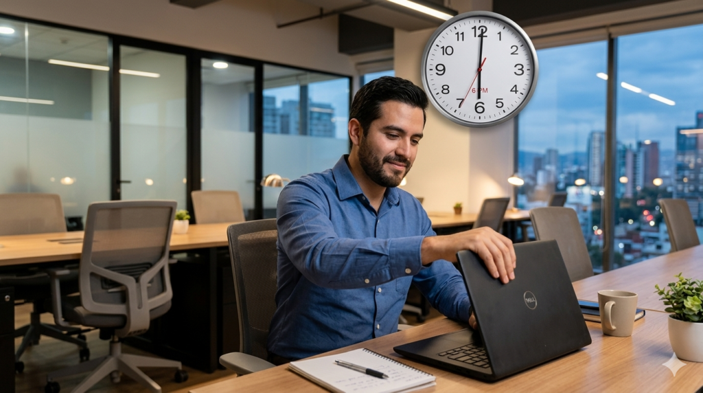 Empleado de PyME mexicana cerrando laptop al final de la jornada, ilustrando el derecho a la desconexión digital según la Ley Federal del Trabajo y la NOM-037-STPS-2023