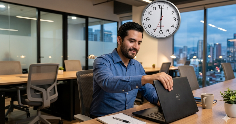 Empleado de PyME mexicana cerrando laptop al final de la jornada, ilustrando el derecho a la desconexión digital según la Ley Federal del Trabajo y la NOM-037-STPS-2023